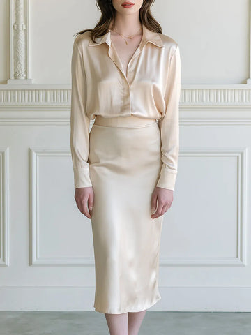 Satin Point-Collar Long-Sleeve Blouse & Bias-Cut Midi Skirt Two-Piece Set