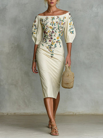Women's floral print mid-sleeve slit dress