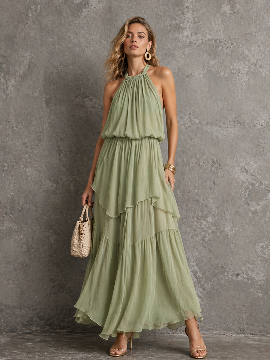 Women's Romantic Sage Green Chiffon Halter Waisted Tiered Maxi Dress MDZ2296D0GMJ