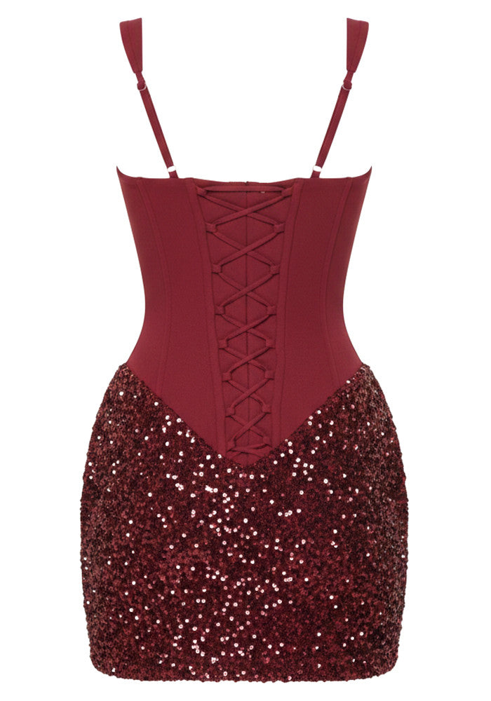 Draped Sequin Corset Dress Burgundy