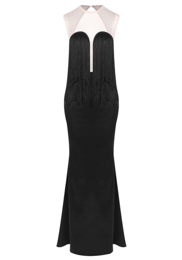 Mesh Insert Tassel Bustier Maxi Dress Black
