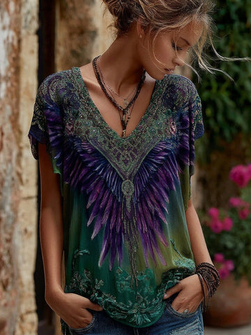 Women's Retro Viking Wings Embroidery Art Pattern T-shirt