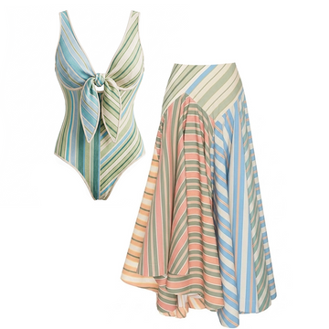 Striped Color-block Pattern Print Swimsuit Set(s)