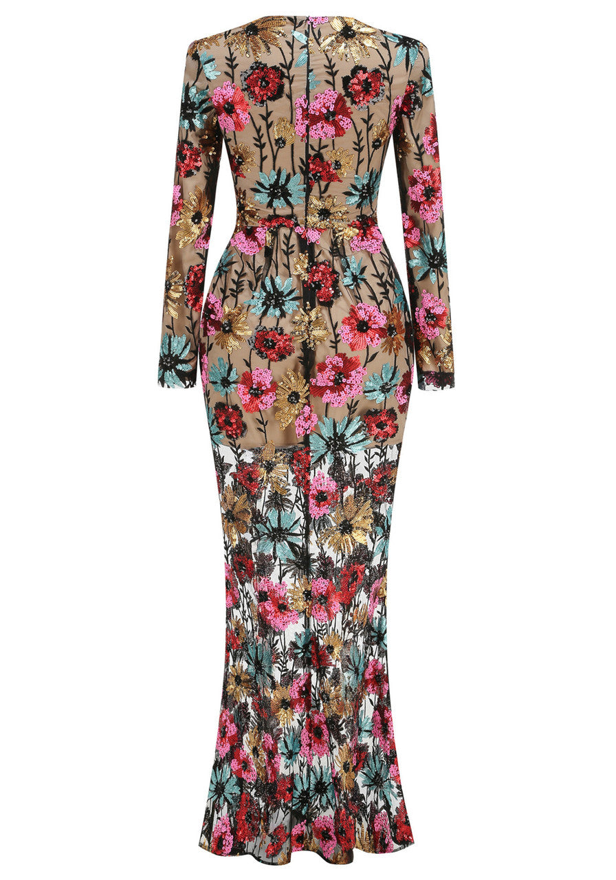 Long Sleeve Floral Embroidered Maxi Dress Black