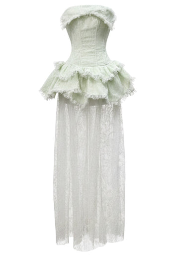Strapless Peplum Lace Maxi Dress Green White