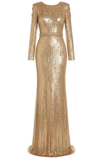 Long Sleeve Crystal Detail Sequin Maxi Dress Gold