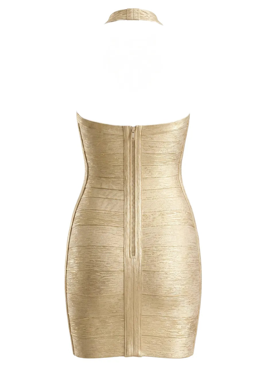 Halter Woodgrain Foil Print Dress Gold
