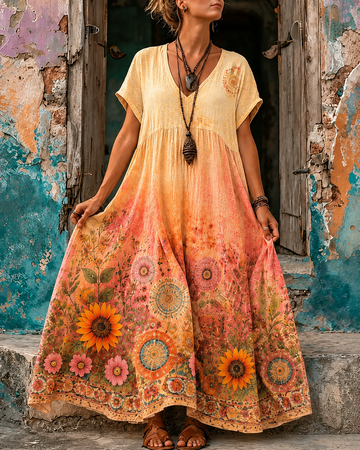 Women's Vacation Linen Floral Print V-Neck Short Sleeve Maxi Dress