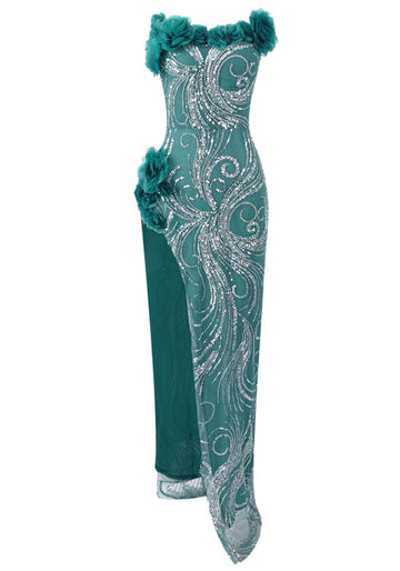 Floral Strapless Sequin Maxi Dress Green