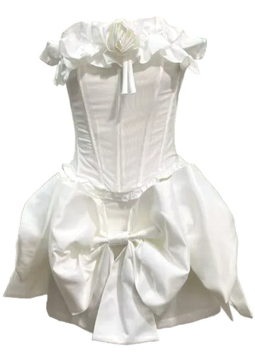 Strapless Floral Bow Corset Two Piece Dress White