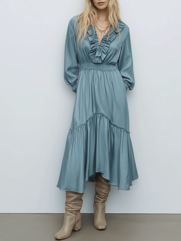 Elegant Ruffled Lake-Blue Midi Dress