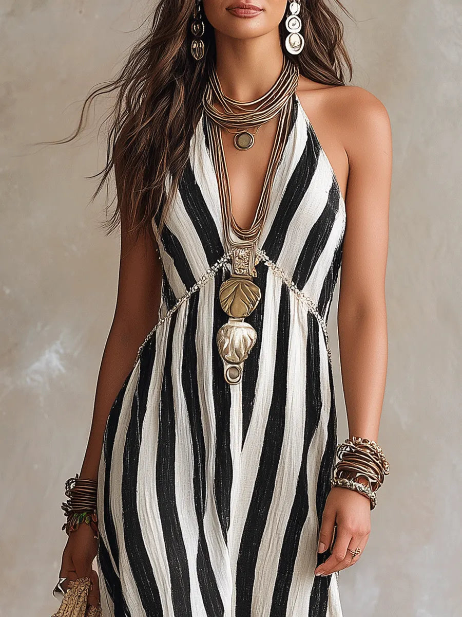 Relaxed Bohemian Stripe Halter Maxi Dress