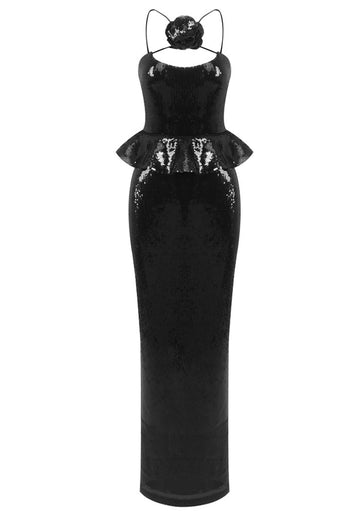 Floral Peplum Sequin Maxi Dress Black