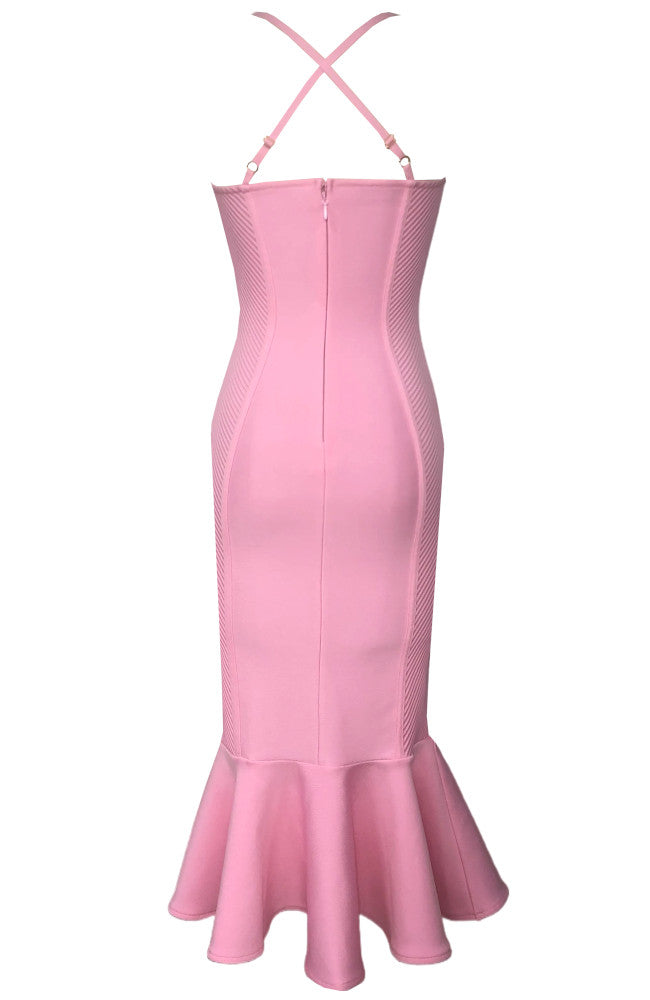 Halter Fluted Midi Dress Pink