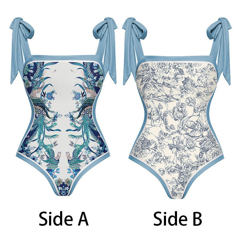 Flaxmaker Blue Reversible Bowknot Tie-shoulder One Piece Swimsuits and Sarong