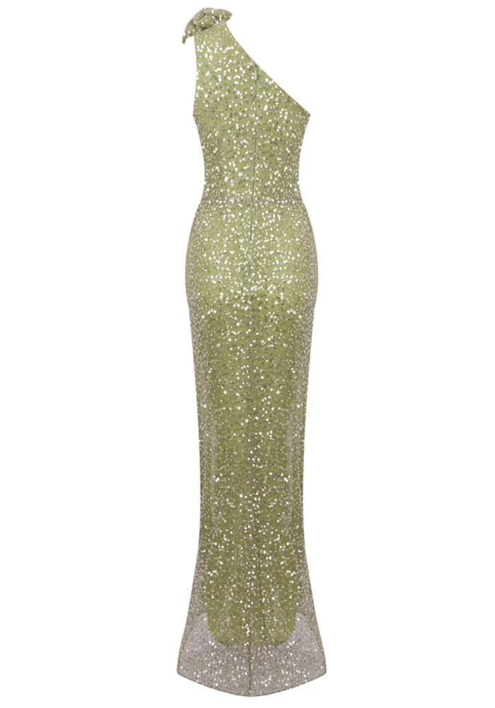 One Shoulder Floral Sequin Maxi Dress Green