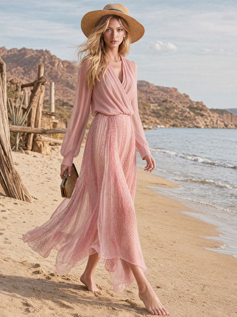 Retro Pink Crossover V-neck Chiffon Top And Snakeskin Print Skirt Set