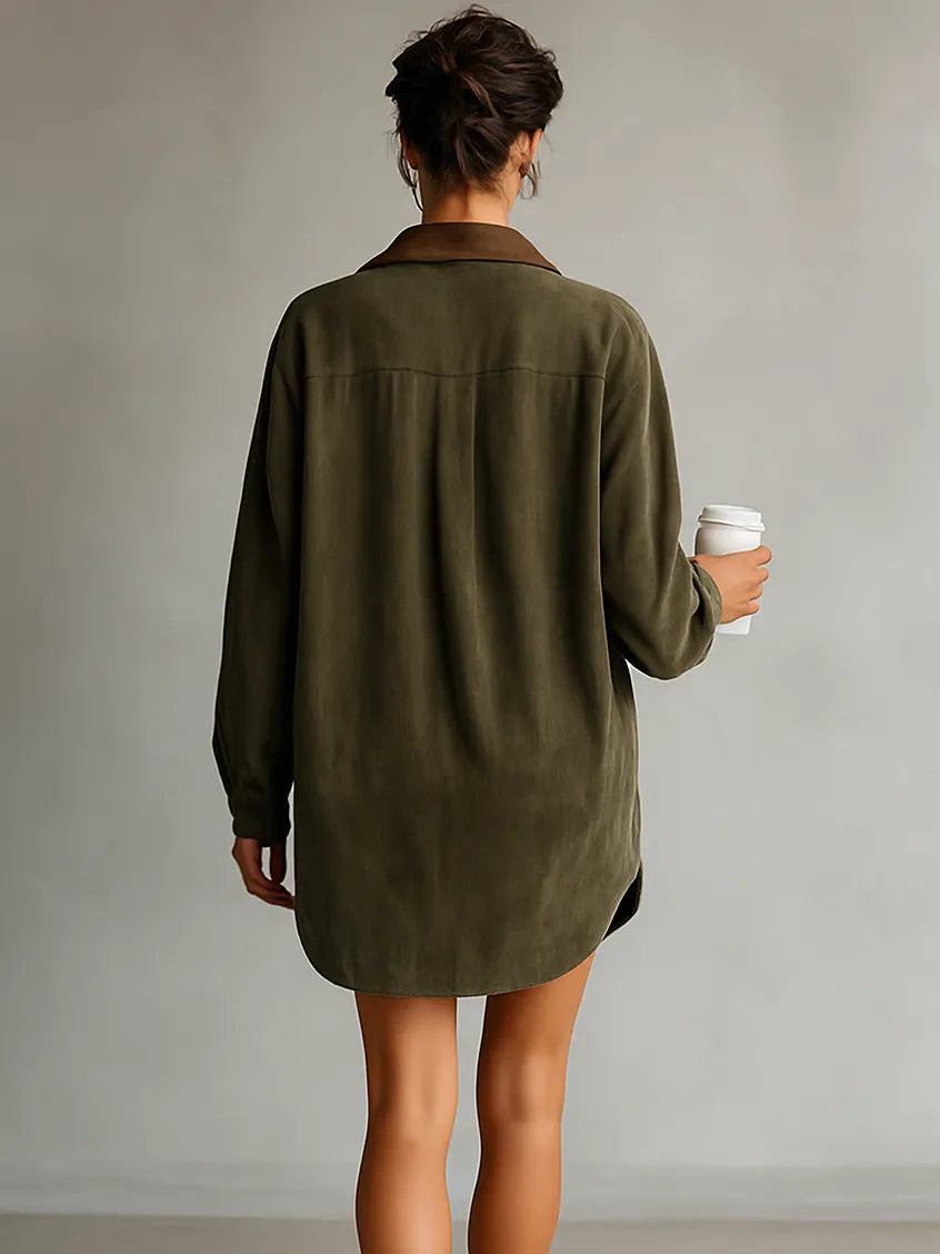 Women's Simple Loose Leather Lapel Spliced Suede Mini Dress MDA0233I3Y