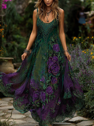 Women's Retro Boho Purple Floral Gradient Sleeveless Maxi Dress