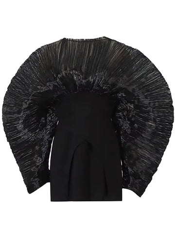 Long Sleeve Pleated Puff Dress Black