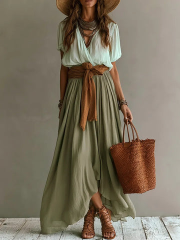 Chic Bohemian-Style Loose Top and Skirt Two-Piece Set(Waist Sash Not Included)