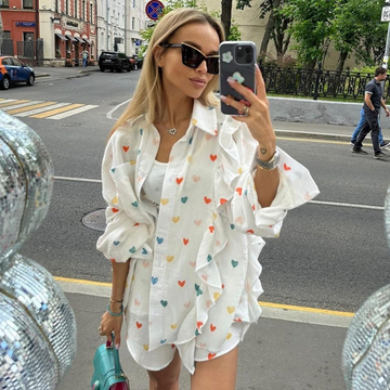 Ruffle Heart Printed Shirt and Shorts Set