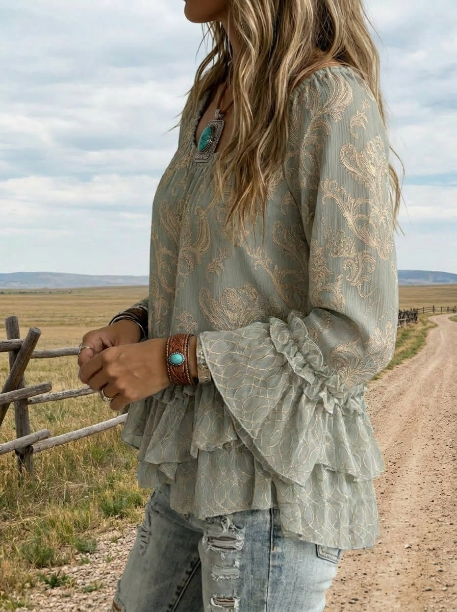 Vintage Art Print Casual Ruffle Shirt