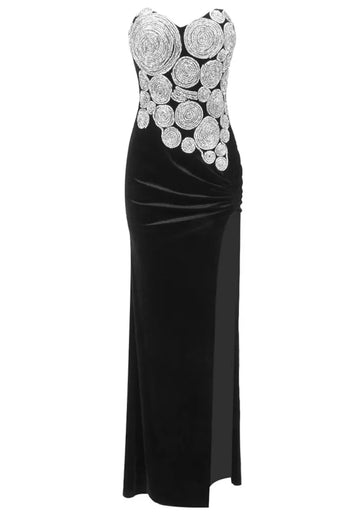 Strapless Crystal Spiral Maxi Velvet Dress Black