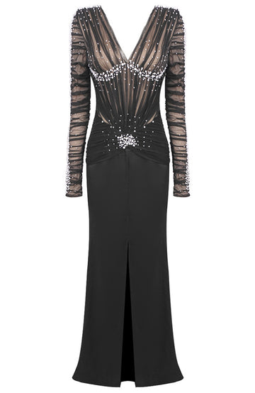 Long Sleeve Embellished Ruched Mesh Maxi Dress Black
