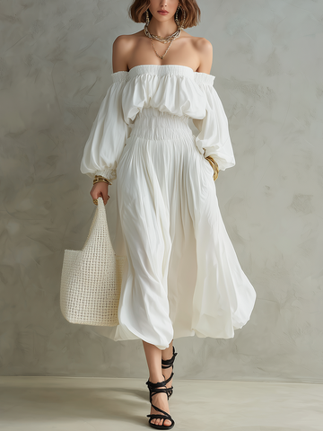 Romantic Off-white Off-the-shoulder Midi Dress