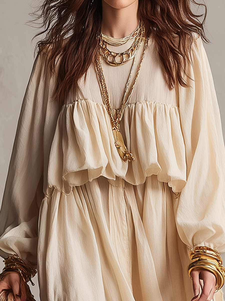 Romantic Cream Tiered Ruffle Maxi Dress