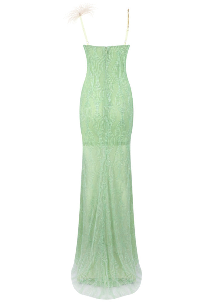 Feather Detail Maxi Dress Green Gold