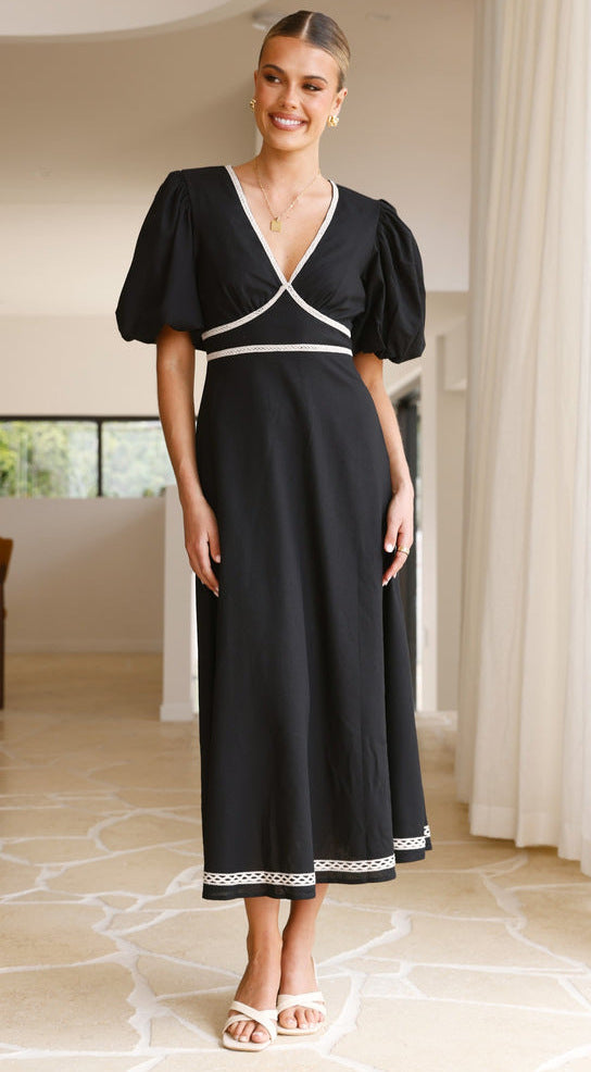 V Neck Puff Sleeve Midi Dress