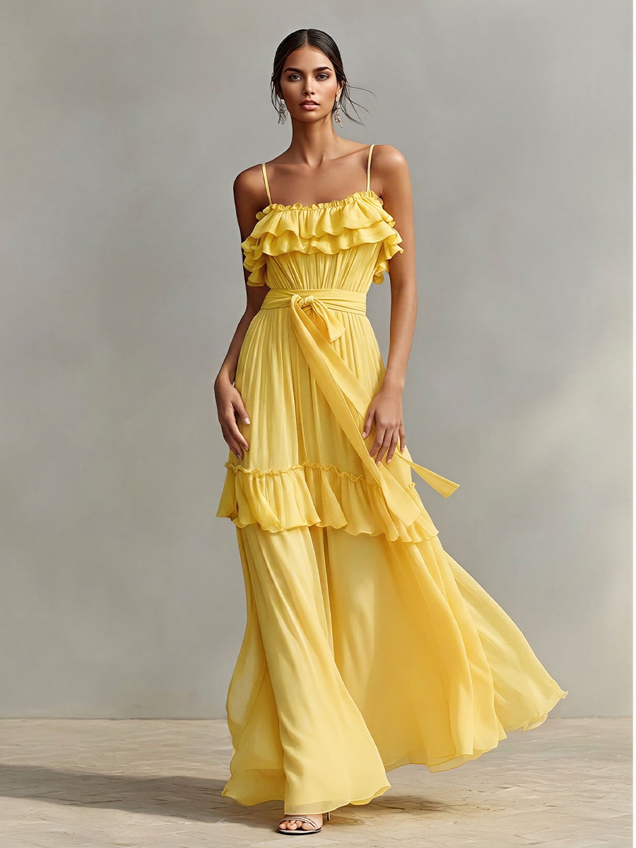 Women's Yellow Chiffon Tiered Maxi Dress With Ruffle Trim & Waist Tie, Timeless Romantic-Chic Evening Dress MDZ2102D4LYL