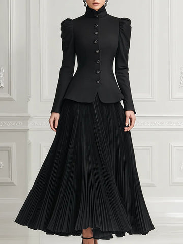 Black Stand Collar Puff Shoulder Tailored Jacket & Pleated Maxi Skirt Two-Piece Set