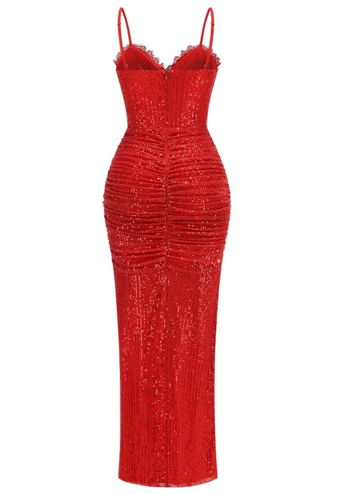 Lace Ruched Sequin Maxi Dress Red