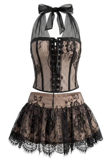 Halter Lace Corset Two Piece Dress Black