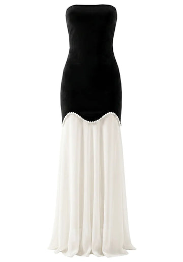 Strapless Pearl Detail A Line Maxi Dress Black White