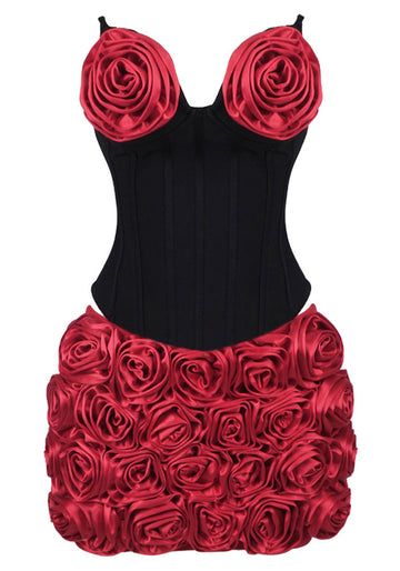 Strapless Floral Two Piece Corset Dress Black Red