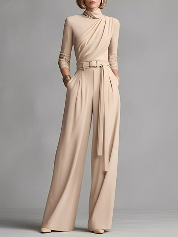 Women's Neutral-colored Cotton Blend Knit Jumpsuit With Gathered Waist MDA1516L0I