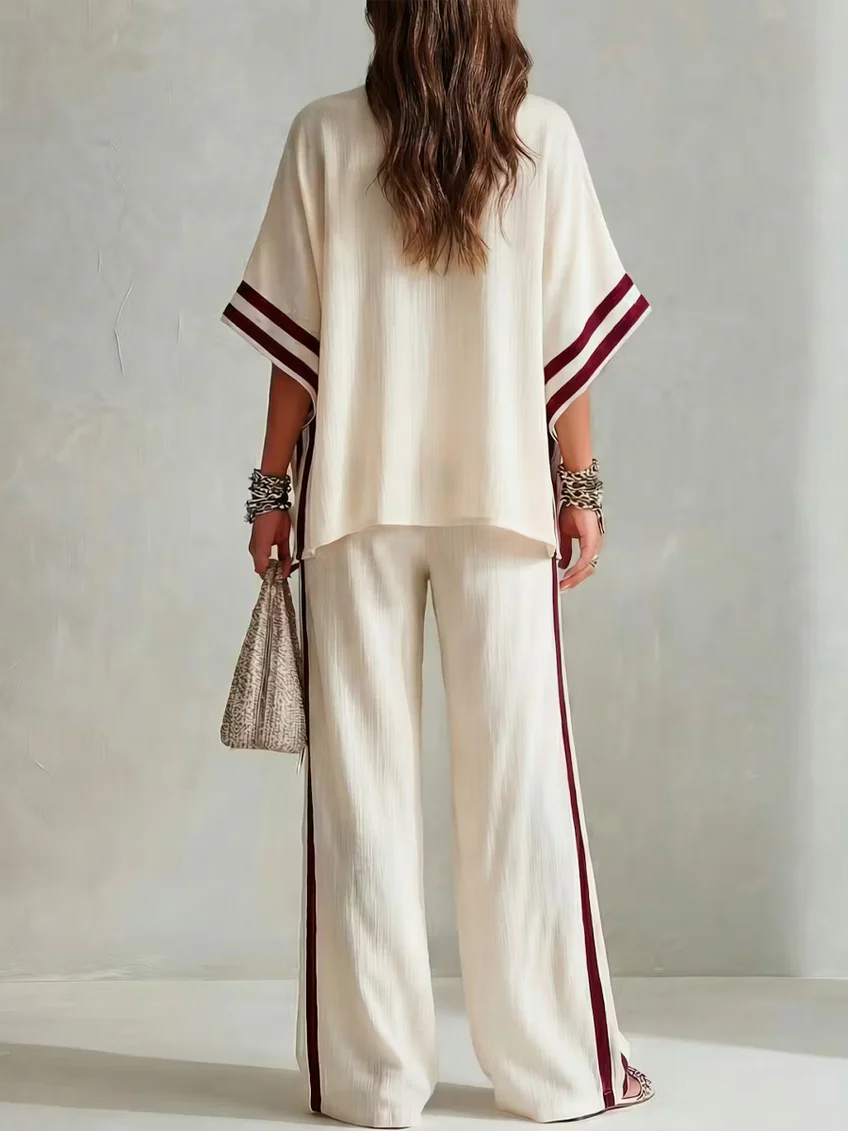 Casual Striped Color-Block Wide-Leg Pants Two-Piece Set
