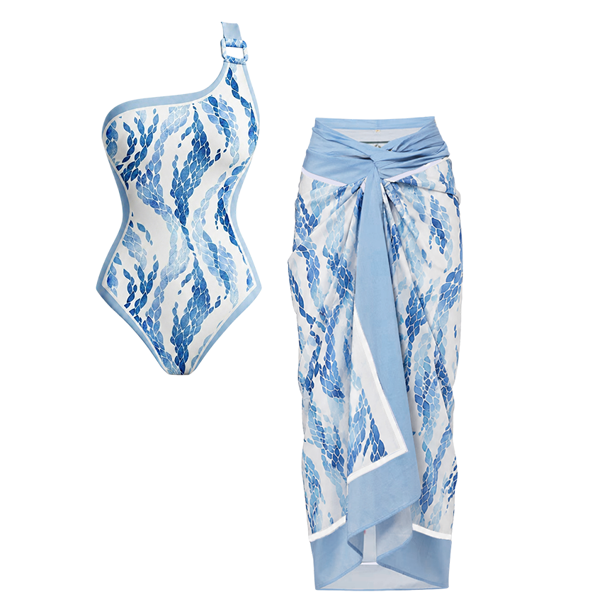 One Shoulder Leaves Print Swimsuit Set(s)