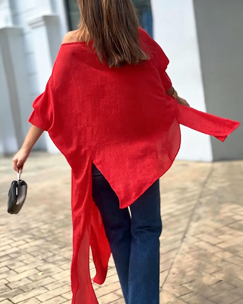 Women's Skew Neck Batwing Sleeve Tee Asymmetric Loose Cape Blouse Slit Elegant Top