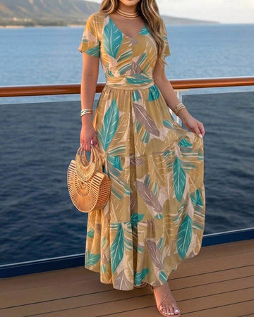 Plants Print V-Neck Short Sleeve Tie Waist Maxi Dress Casual Cinched Waist Ruffle Hem Vacation Dress