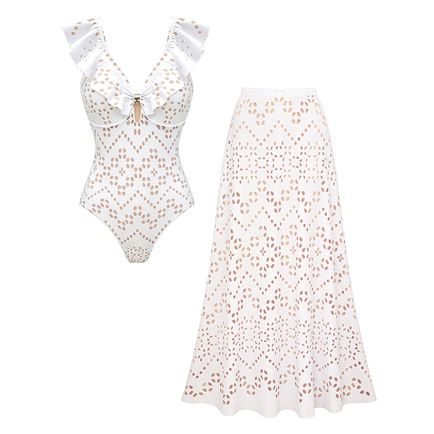 V Neck White Laser Cutting Flower Cut Out Swimsuit Set(s)