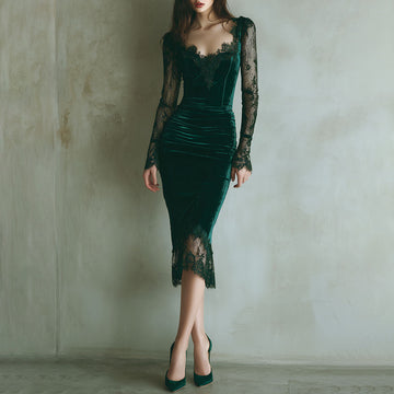 Elegant Green Velvet Long-sleeved Lace Knee-length Dress