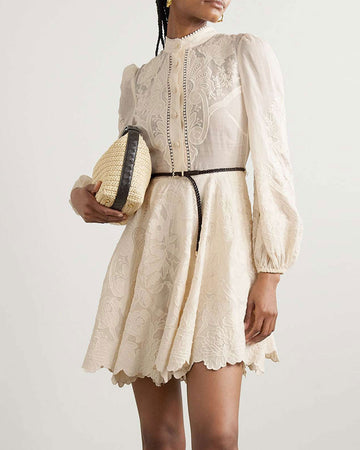 Belted braided leather- and ramie-trimmed embroidered linen mini dress