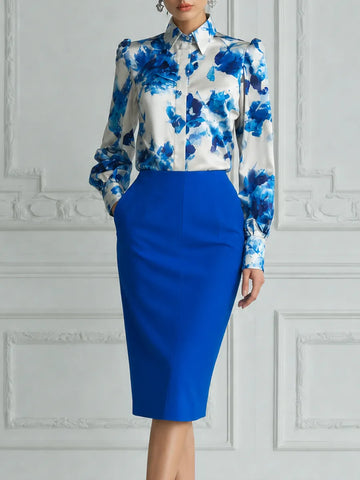 Blue Floral Satin Blouse & Cobalt Pencil Skirt Set