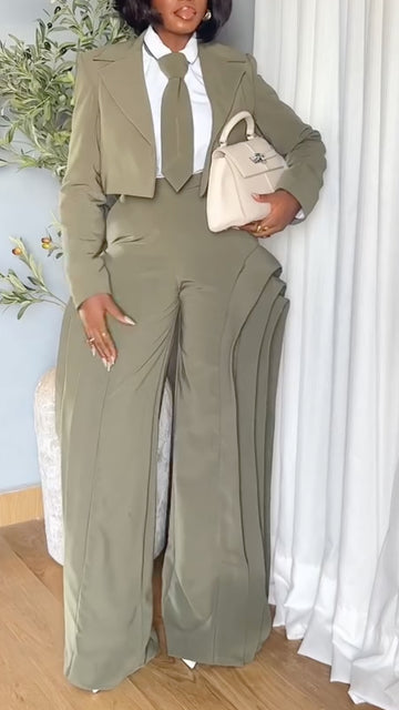 Olive Cropped Lapel Blazer Layer Flare Pant Suit Set