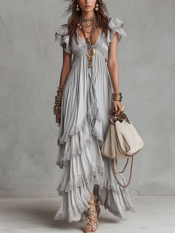 Romantic Lace Trimmed Layered Bohemian Maxi Dress